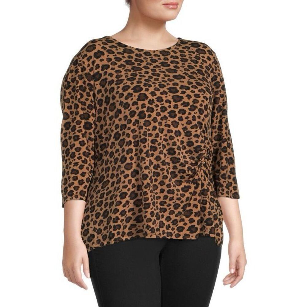 Carmen Marc Valvo 1X Leopard Print 3/4 Sleee Top Brown Tan Ruched Elevated Basic